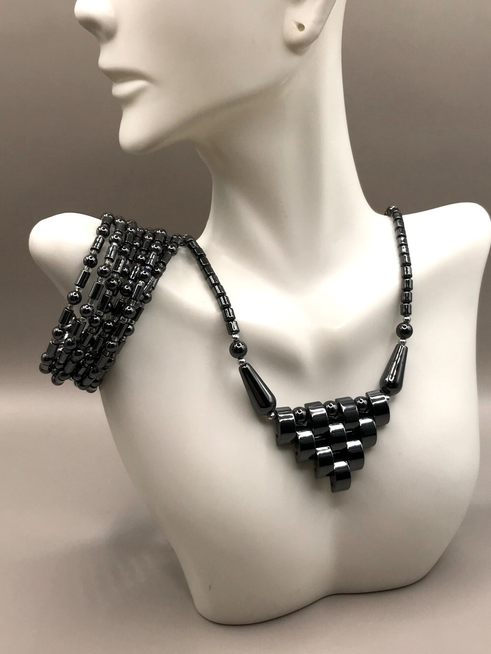 Hematite Geometric Bead Necklace & Bracelet in Gunmetal